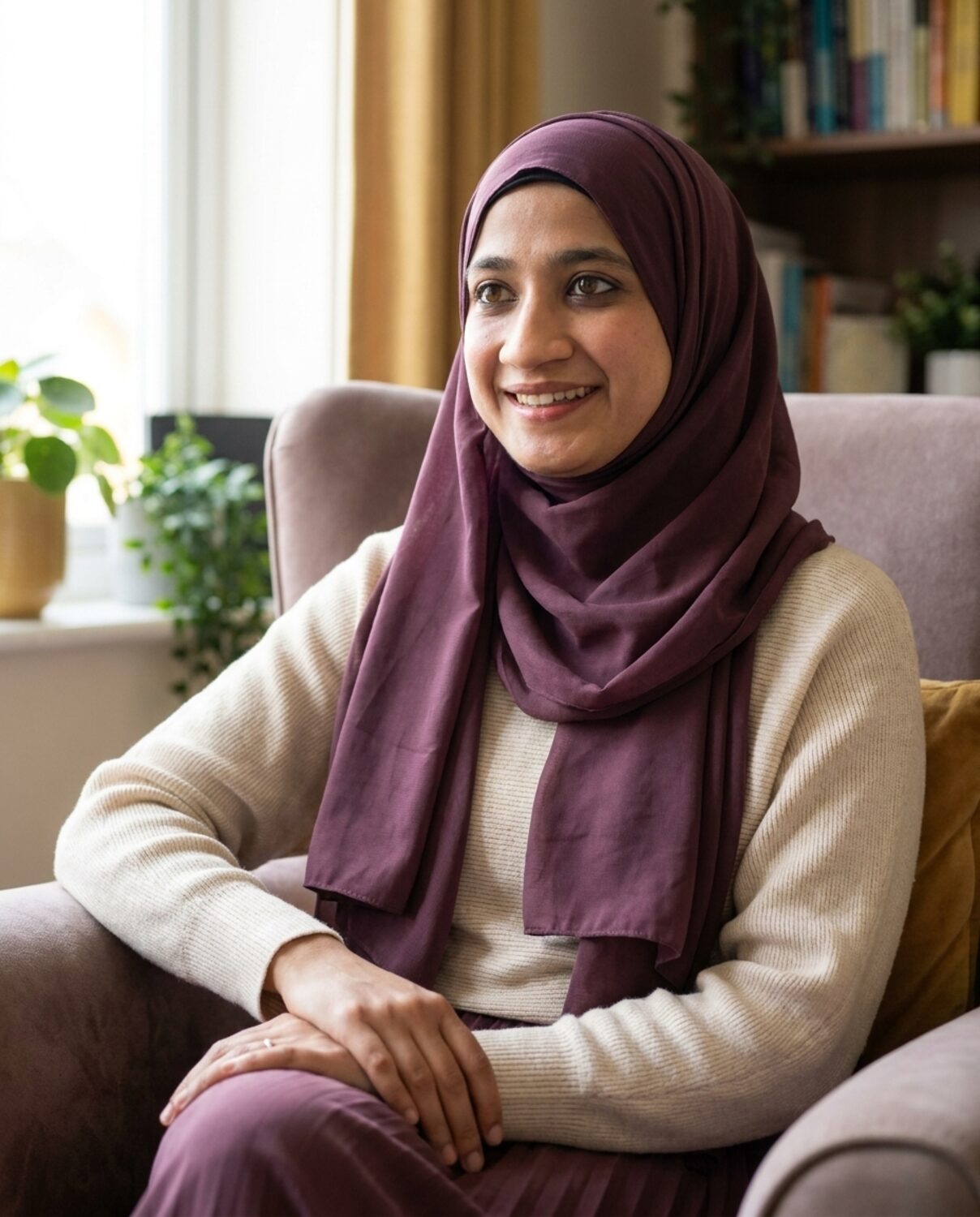 Sheerose Pardhan seated in her warm therapy office in Pierrefonds