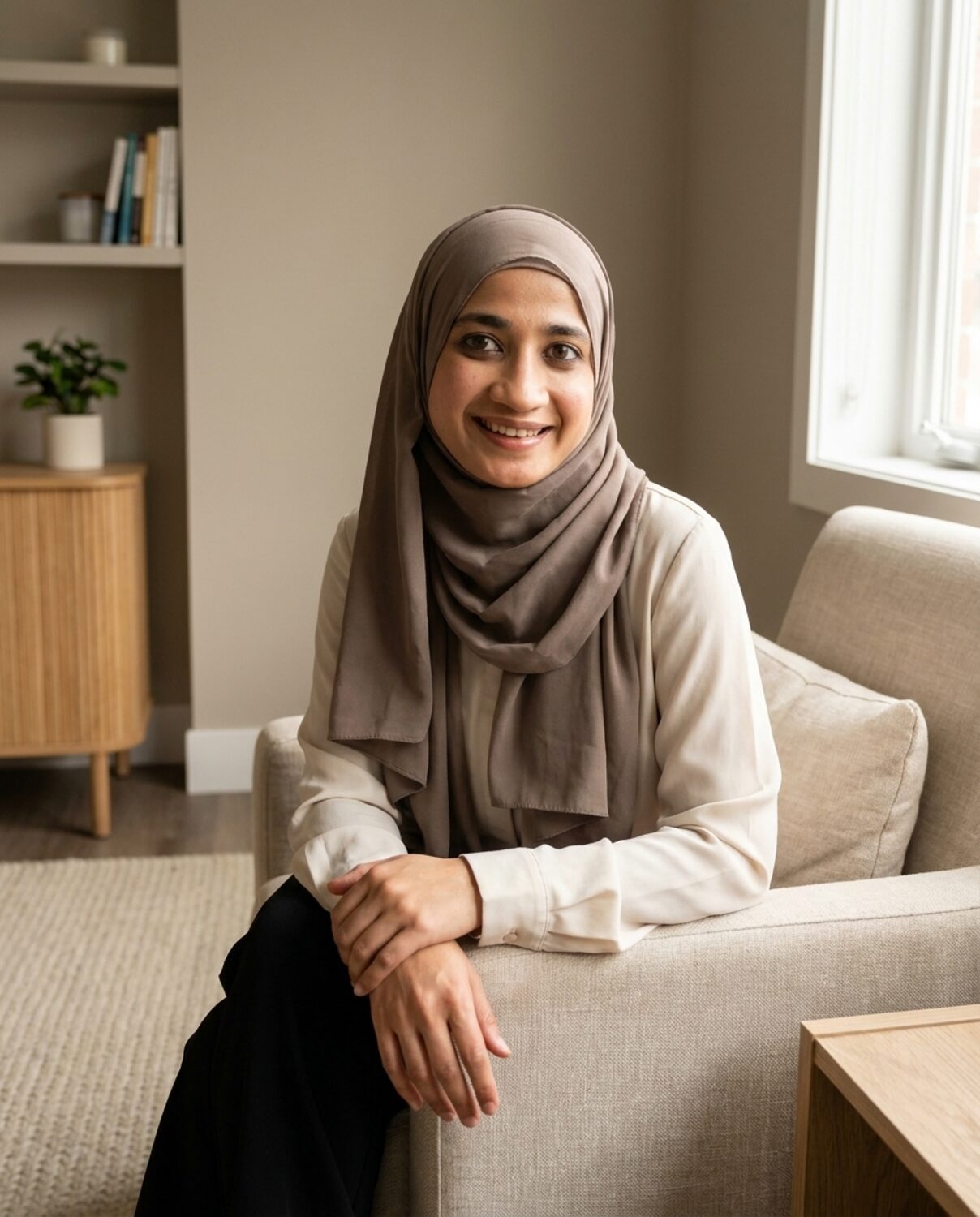 Sheerose Pardhan seated in a calm, minimal room in Pierrefonds